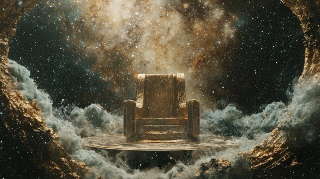 Golden throne amidst cosmic dust clouds.