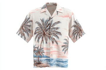 This short-sleeved, button-up shirt showcases a vibrant design featuring palm trees and ocean waves, perfect for beach days or casual summer gatherings. Ideal for warm weather.