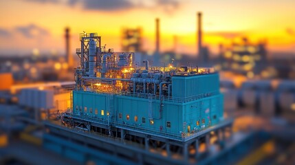 Fototapeta premium Industrial complex at sunset, close-up on processing unit