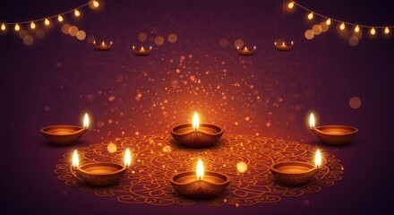 Beautiful Diwali Illustration with Glowing Diyas on Colorful Rangoli – Top-Down Festive Composition with Golden Bokeh Lights and Warm Celebration Atmosphere

