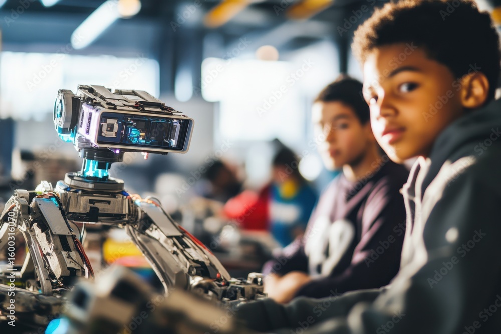 Poster young learners interact with a robot during a technology workshop in a modern classroom