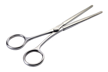 Medical hemostat forceps or surgical scissors made of gleaming stainless steel, a professional healthcare instrument isolated on a white background.
