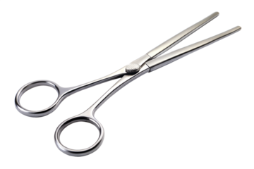 Medical hemostat forceps or surgical scissors made of gleaming stainless steel, a professional healthcare instrument isolated on a white background.
