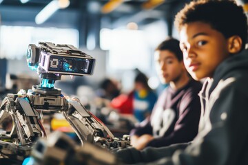 Young learners interact with a robot during a technology workshop in a modern classroom