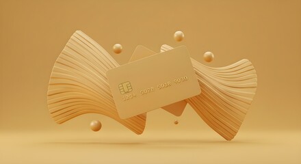 A golden credit card floating amidst abstract shapes and spheres. Financial cashless payment and online shopping concept. E-commerce transaction.