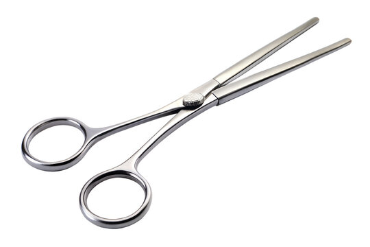 Medical hemostat forceps or surgical scissors made of gleaming stainless steel, a professional healthcare instrument isolated on a white background.