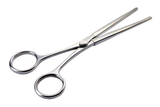 Medical hemostat forceps or surgical scissors made of gleaming stainless steel, a professional healthcare instrument isolated on a white background.