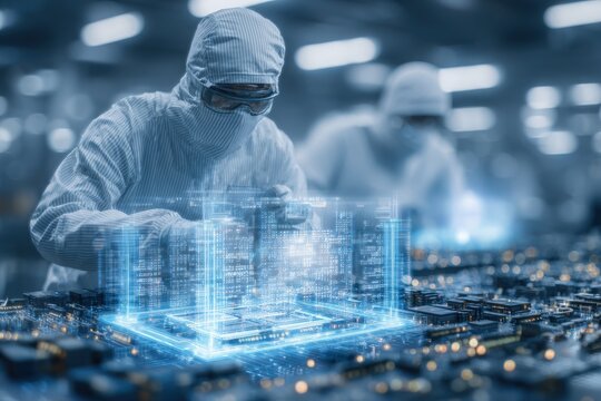 Two engineers in protective gear focus on assembling high-tech components in a cleanroom. The facility features a digital interface showcasing holographic models of circuitry and components.