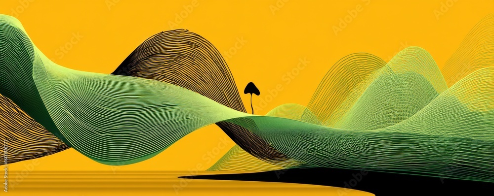 Poster abstract landscape with undulating lines and a vibrant yellow background