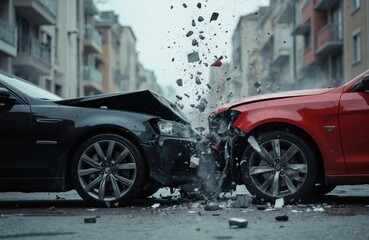 Two cars in dramatic head-on collision on urban street. Debris flies through air from impact. Black, red vehicles show severe damage, with shattered metal, headlamps. Smoke rises from wreckage,