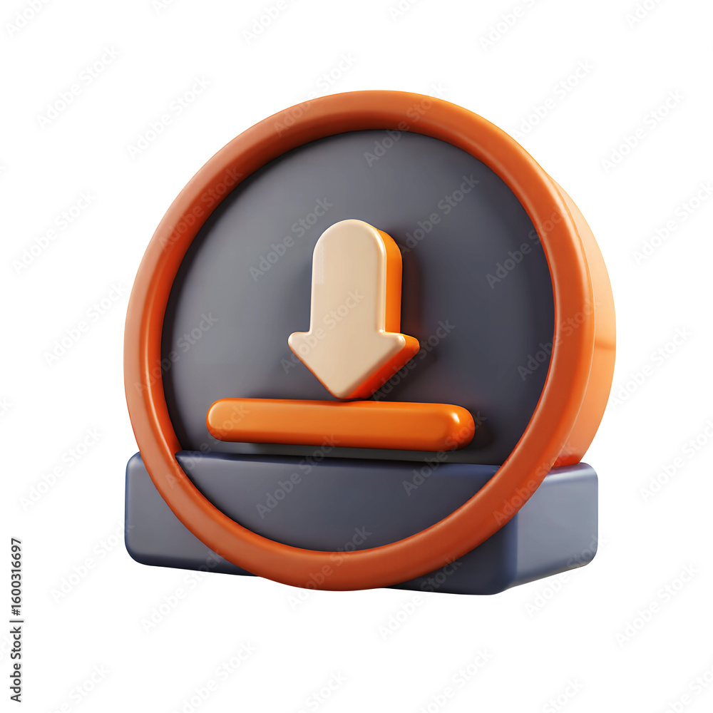 Poster a stylized download icon featuring an arrow pointing downwards inside a circle shape on transparent 