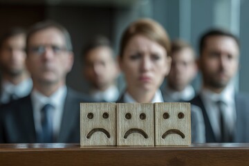 A group of business professionals gathered in a meeting room displays expressions of disappointment.