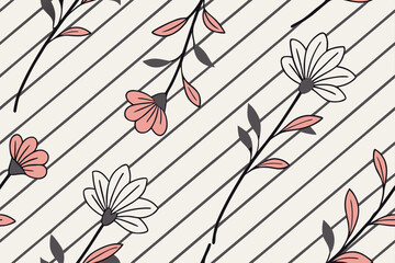 Delicate Floral Pattern with Diagonal Stripes seamless botanical