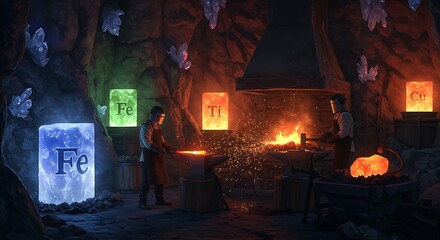 Images of chemical elements, periodic table, molecules, atoms.