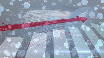 Red arrow pointing upwards with data visualization and financial chart in a digital background - Powered by Adobe
