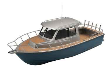 Fishing cabin boat with a deep cockpit and rod holders along the railing