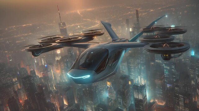 Autonomous taxi hovering in a neon urban environment