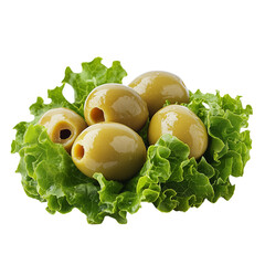 a bunch of olives on lettuce leaves, isolated 