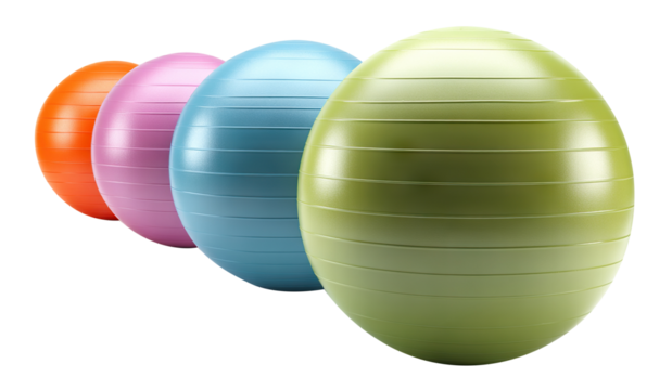Set of colorful fitness balls in row, isolated on transparent cutout background