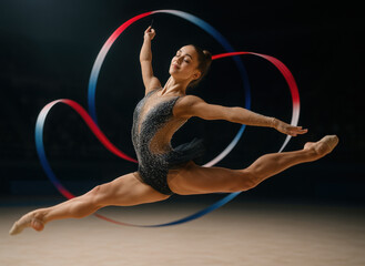Photorealistic rhythmic gymnast under 20 spinning mid-routine with colorful ribbon in spotlighted arena. Concept of summer sport, elegance, movement, focus, and elite rhythmic gymnastics performance.