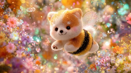 Whimsical Bear-Bee in a Floral Paradise: A fluffy, endearing bear with bee-like wings and attire, gracefully hovers amidst a vivid array of flowers, with bubbles, crafting a magical scene. 