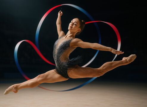 Photorealistic rhythmic gymnast under 20 spinning mid-routine with colorful ribbon in spotlighted arena. Concept of summer sport, elegance, movement, focus, and elite rhythmic gymnastics performance.