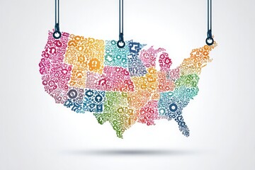 This artistic depiction showcases the map of the United States filled with colorful icons and symbols representing diverse activities and themes related to each state.