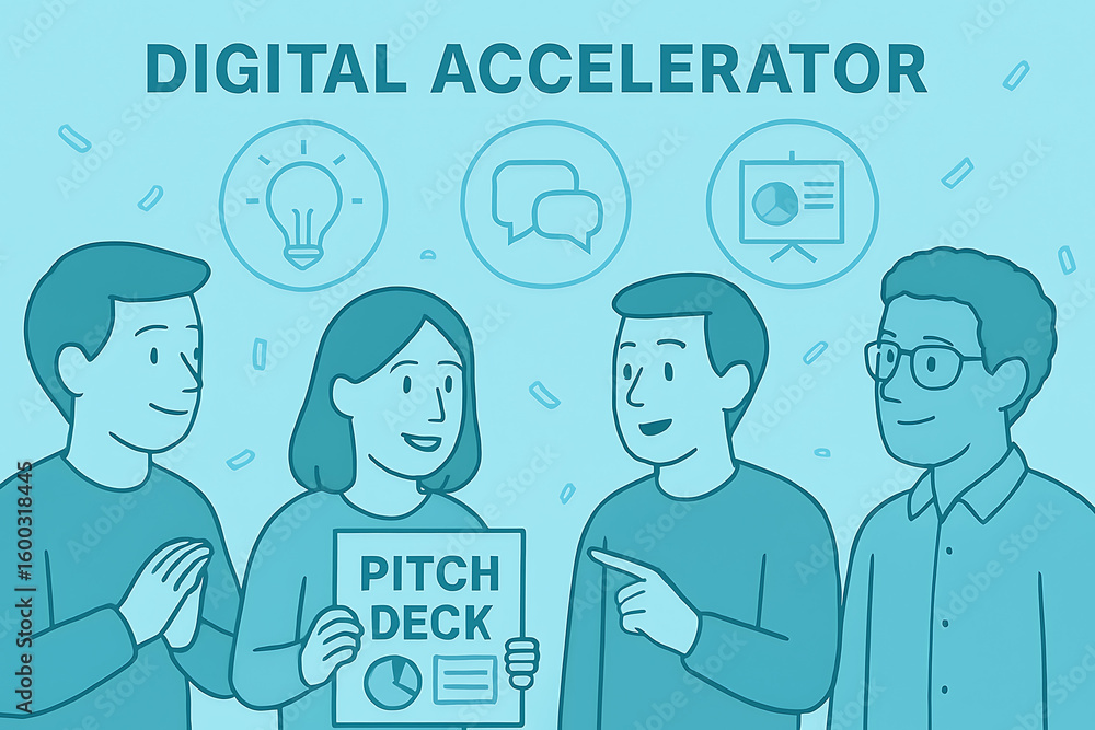 Poster team presenting a pitch deck and discussing ideas in a business accelerator program