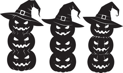Three tall halloween pumpkin stacks with witch hats silhouette