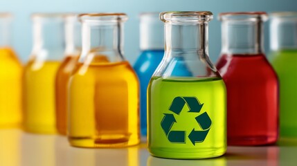 Colorful chemical flasks representing eco-friendly solutions and recycling efforts.