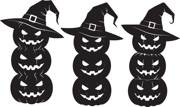 Three tall halloween pumpkin stacks with witch hats silhouette - Powered by Adobe