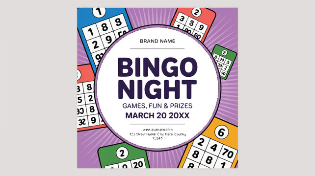 Bingo Night Game: An inviting poster illustration announces Bingo Night, highlighting games, fun, and prizes within a design that is fun and playful, promoting a social evening with excitement.