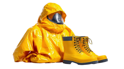 Chemical protective suit with attached gloves and boots background isolated on a Transparent background, PNG file.