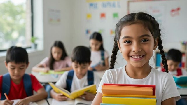 Portrait of a happy young Asian girl holding books in the classroom. Elementary school student smiling at the camera while other kids study in the background.