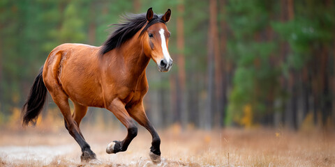 A majestic brown horse gallops gracefully through a serene forest setting, surrounded by tall trees and soft, golden grass, exuding strength and freedom.