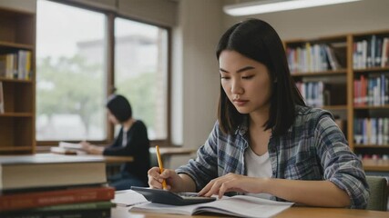 Focused young Asian female student studying in the library. Diligent woman using a calculator and writing notes for her homework at a university desk. - Powered by Adobe