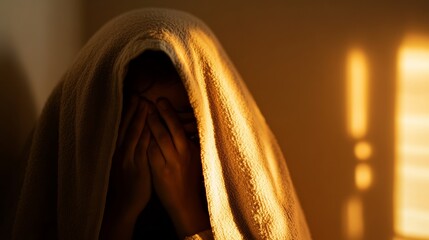 realistic depiction of sleep anxiety, person hiding under blanket, anxious expression, night shadows on wall,