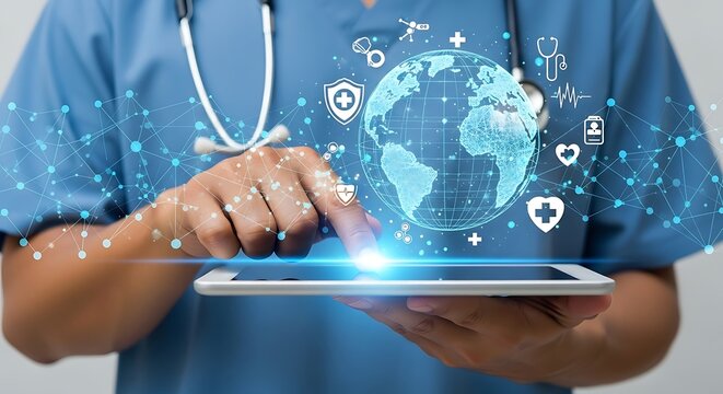 A doctor in scrubs using a tablet with a digital globe and medical icons overlayed on a network design