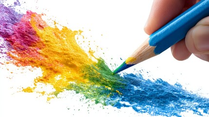 Fototapeta premium Vibrant colored pencil creating an explosion of color on a white background.