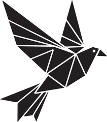 Geometric flying dove in a modern origami style. Polygonal black bird symbol of peace, isolated on a white background. Abstract vector art.