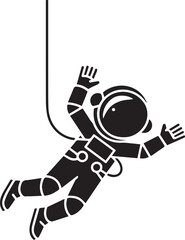 Astronaut floating in zero gravity. Simple black and white vector icon of a spaceman on a spacewalk tethered mission.