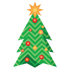 Fototapeta premium A modern bold Christmas tree with green zigzag patterns, adorned with colorful ornaments, perfect for unique holiday decor.