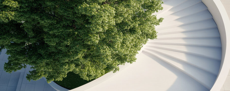 White staircase spirals gracefully around central tree, creating harmonious blend of nature and architecture. scene evokes tranquility and modern design aesthetics - Powered by Adobe