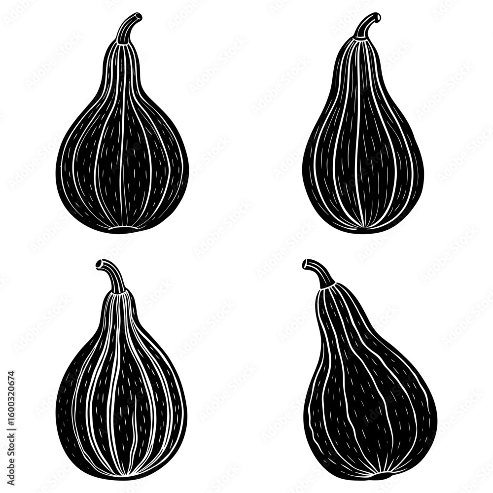 Poster Four stylized black and white gourds with vertical lines in a simple pattern on a white background