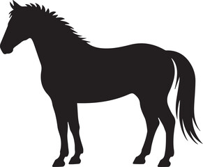 A majestic stallion stands in profile, captured in a bold black silhouette. This clean vector graphic icon is isolated on a white background.