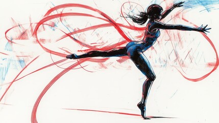 rough pen lines scratch of a ribbon gymnastics girl in a very smooth move in red, blue and black ink pne lines white back ground -
