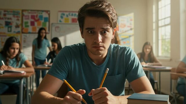 A terrified young male student looks at the camera with panic while taking a difficult test in a classroom. Academic pressure and exam anxiety.