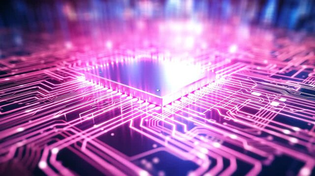 A close up view of a blue and pink computer chip on a circuit board with glowing pink lines
