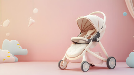 A modern beige baby stroller with a canopy sits on a pink floor with decorative clouds and hanging shapes