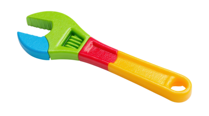 Child-size plastic toy wrench in bright color background isolated on a Transparent background, PNG file.